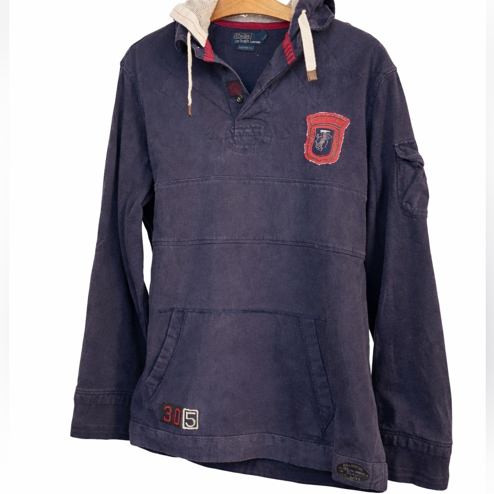 Vintage Ralph Lauren  Exhibition Navy Hooded Rugby Shirt, SZ Large, great cond.